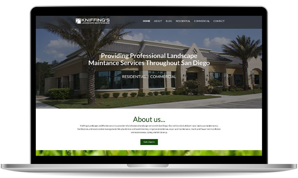 A laptop screen displaying a landscaping service website with the text "Providing Professional Landscape Maintenance Services Throughout San Diego" and a building with palm trees in the background.