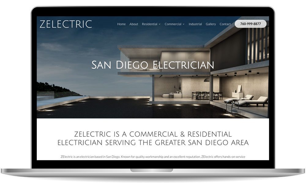 A laptop displays the homepage of an electrician company named "ZELECTRIC" with text "San Diego Electrician" and contact information on the screen.