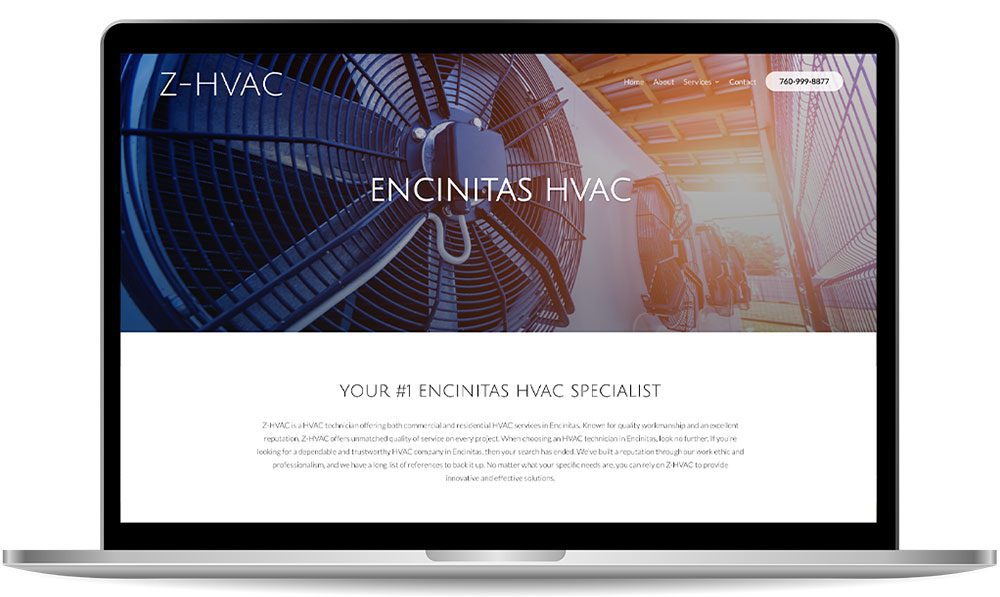 Laptop screen displaying a Z-HVAC webpage with large fans in the background and the text "Encinitas HVAC" prominently featured. Contact number is shown in the top right corner.