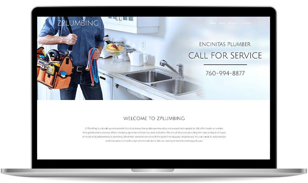 Laptop displaying a website for ZPlumbing with an image of a plumber holding a tool bag, a title "Encinitas Plumber, Call for Service," and a phone number 760-994-8877.