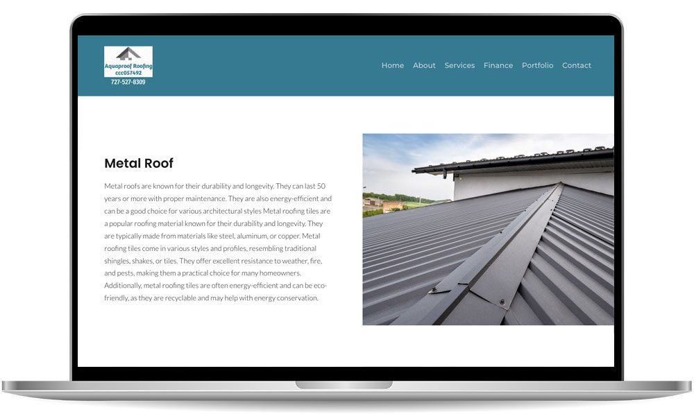 A laptop screen displaying a webpage about metal roofing. The page includes a header image of a metal roof and text explaining the benefits, durability, and energy efficiency of metal roofs.