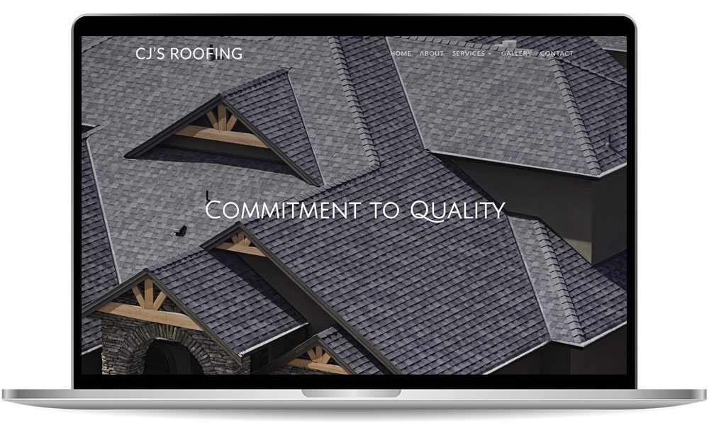 A laptop screen displays a roofing company's website with images of various shingled roofs. The text "COMMITMENT TO QUALITY" is prominent.