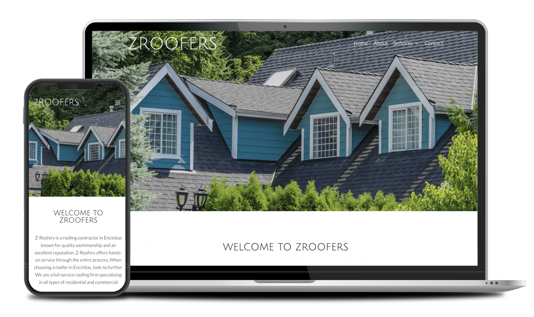 A laptop and a smartphone displaying the homepage of "Zroofers" website, which features a row of blue houses with gray roofs and green foliage in the background.